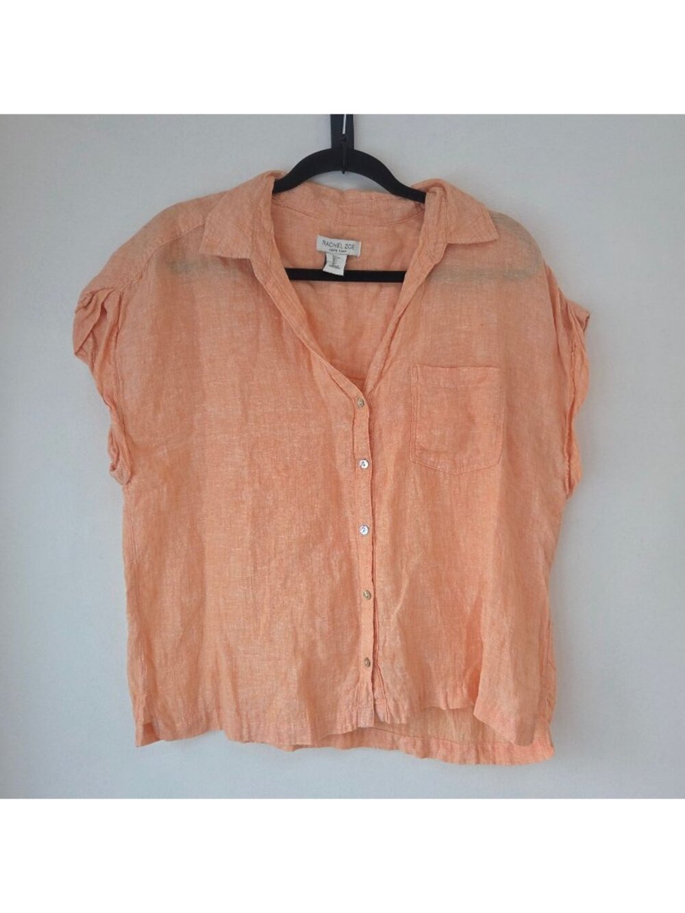 Rachel Zoe 100% Linen Orange Boxy Button Down Short Sleeve Shirt Beachy L